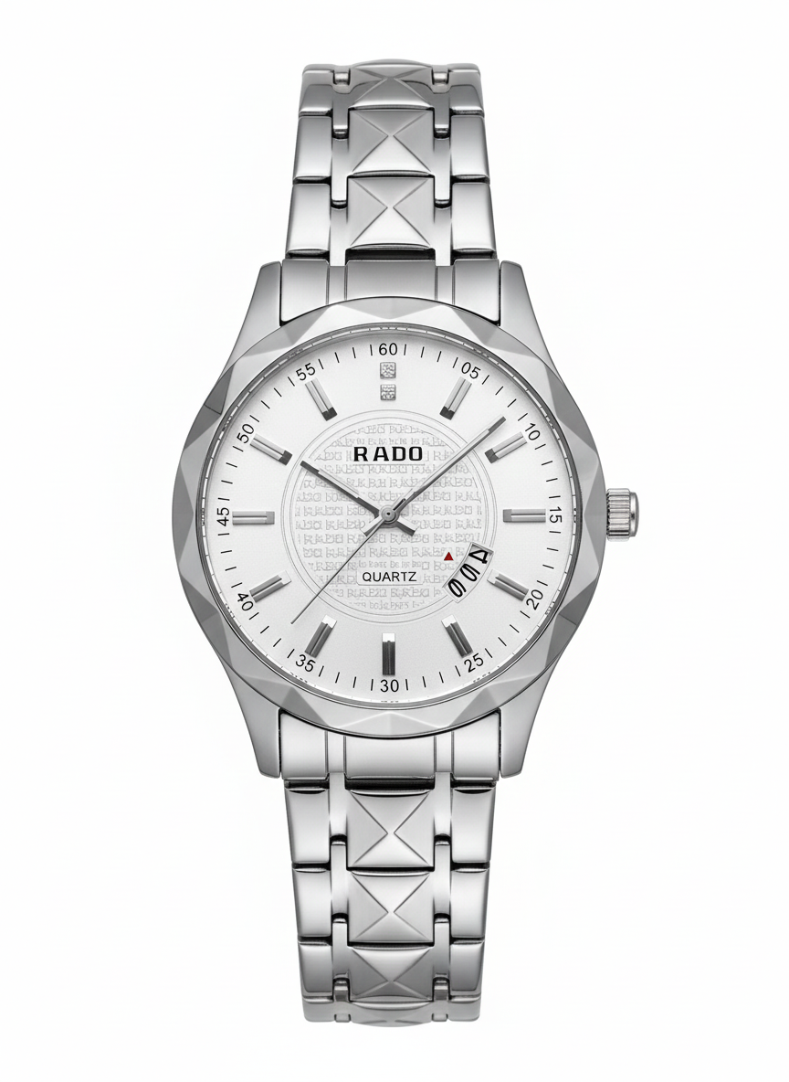 Faceted Stainless Steel Quartz Watch with Distinctive Link Bracelet