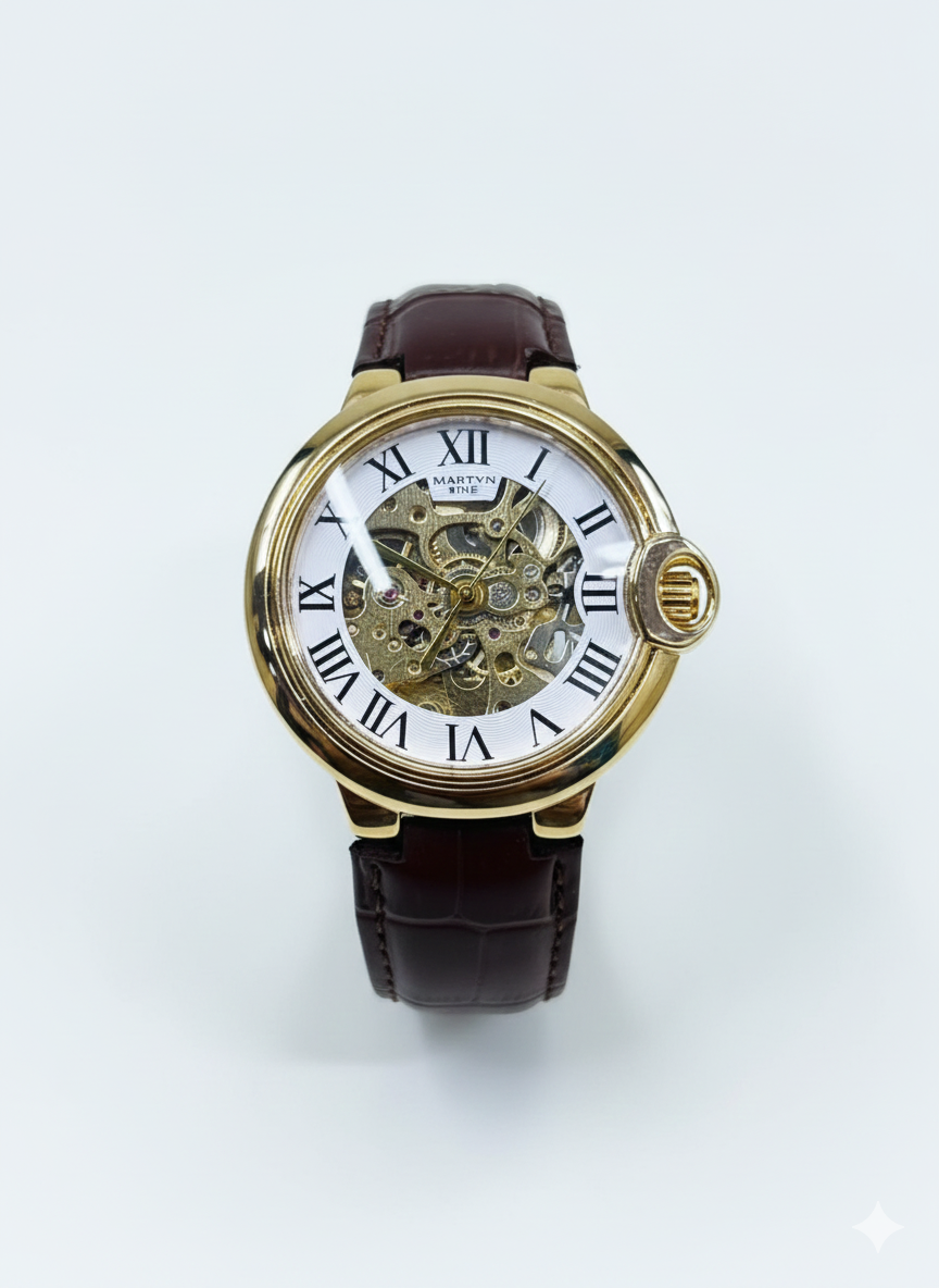 Elegance & Intricacy: Gold-Tone Automatic Skeleton Watch