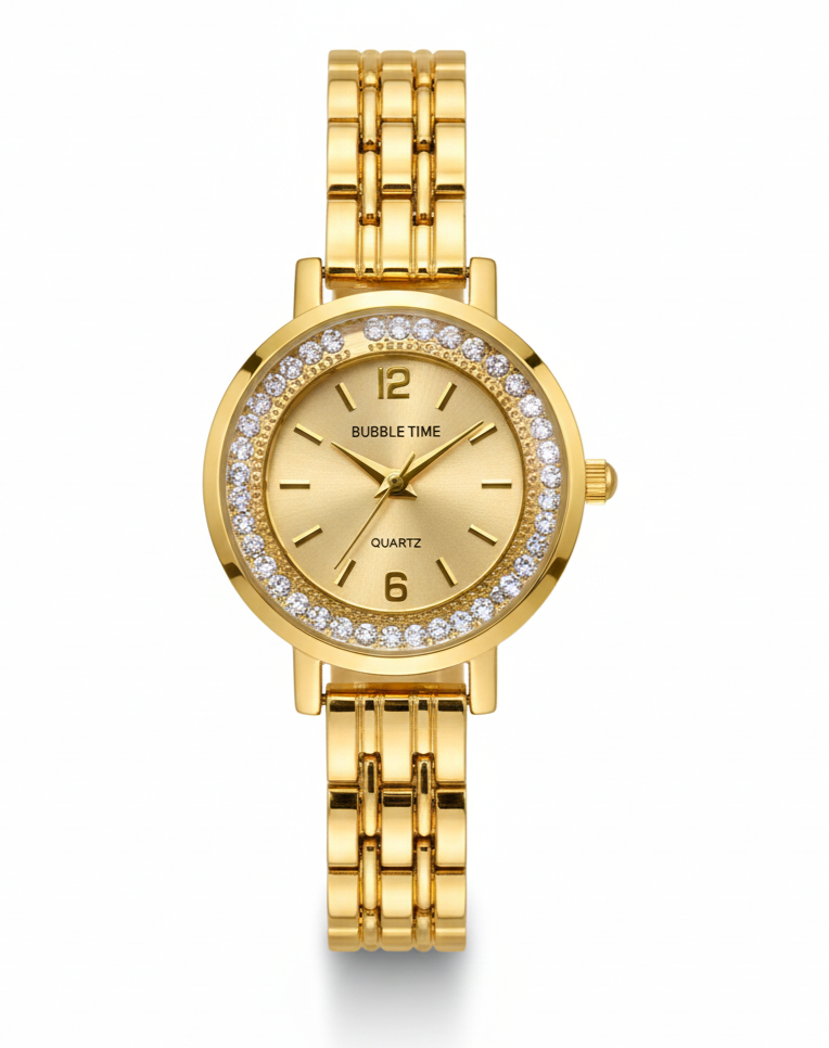 Bubble Time Gold Luxury Women’s Watch – Crystal Bezel Quartz