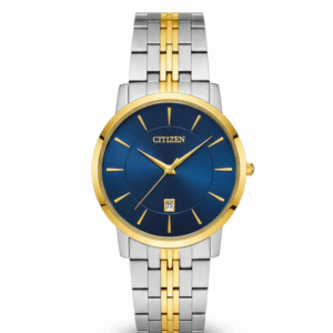 Bi-Color Elegance: Gold-Accented Dress Watch with Sunburst Blue Dial