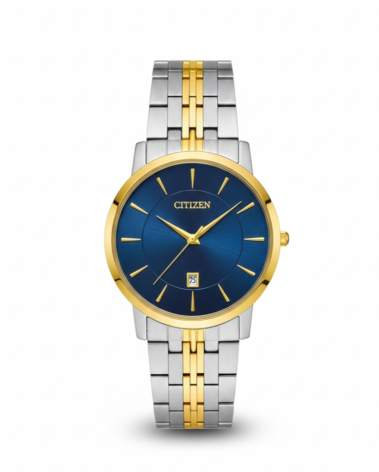 Bi-Color Elegance: Gold-Accented Dress Watch with Sunburst Blue Dial
